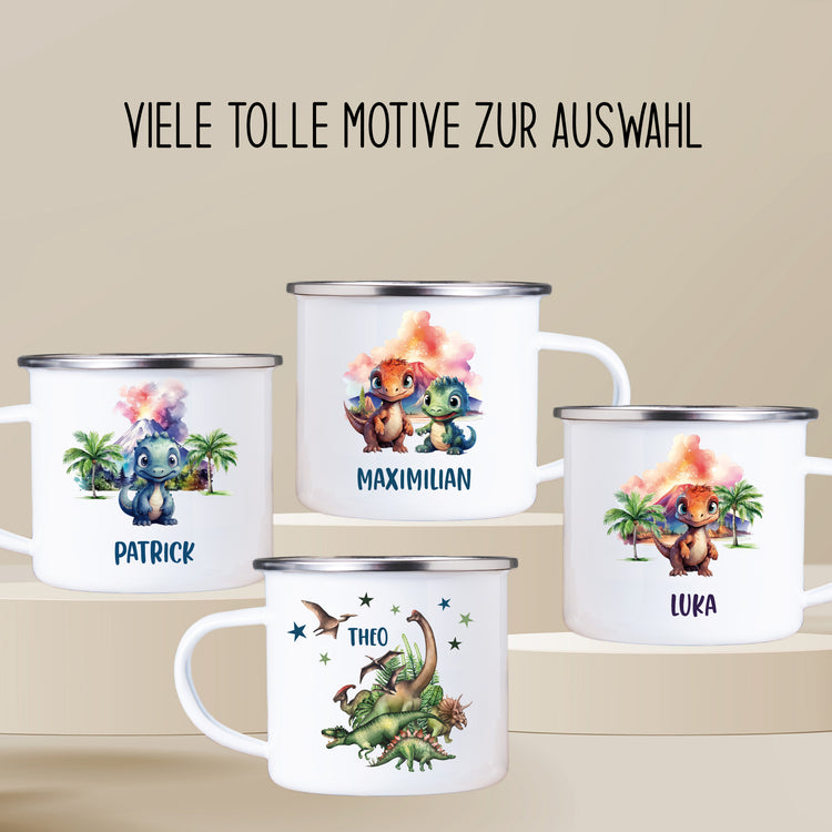 Emailletasse Dino mit Vulkan  mit Wunschname