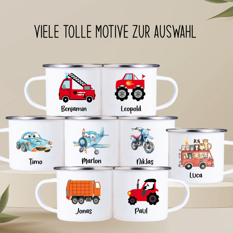 Emailletasse Fahrzeuge mit Name