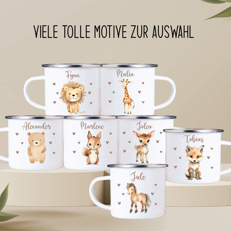 Emailletasse Wald- und Zootiere mit Herzen + Wunschname