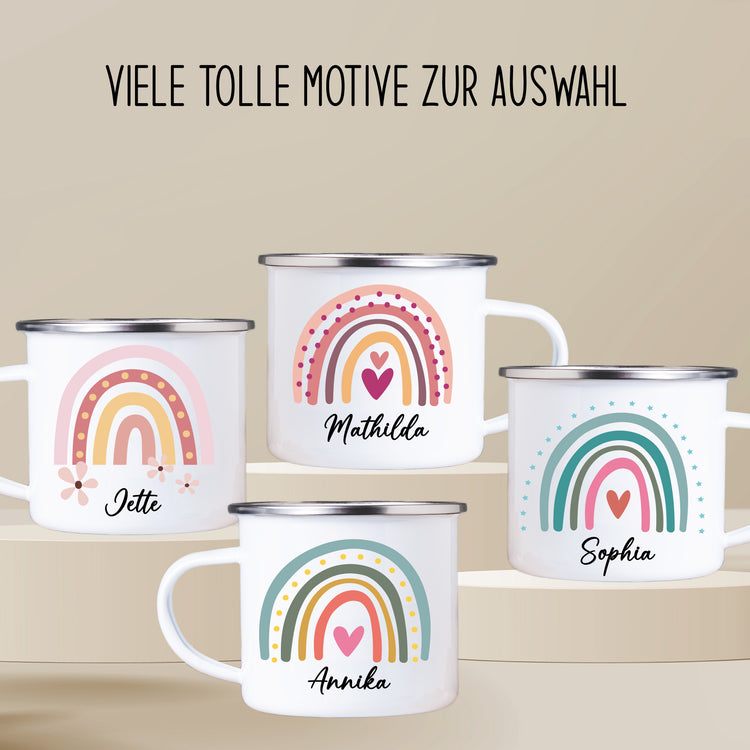 Emailletasse Regenbogen mit Name