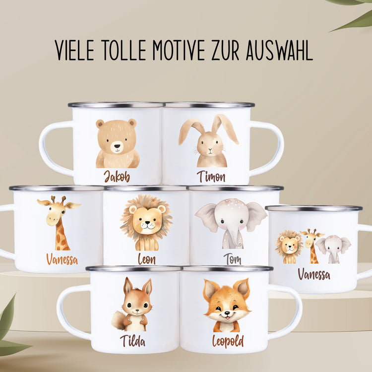 Emailletasse Wald- und Zootiere mit Name