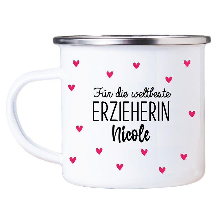 Emailletasse Weltbeste Erzieherin mit Name