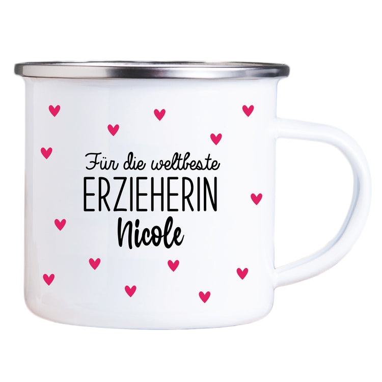 Emailletasse Weltbeste Erzieherin mit Name