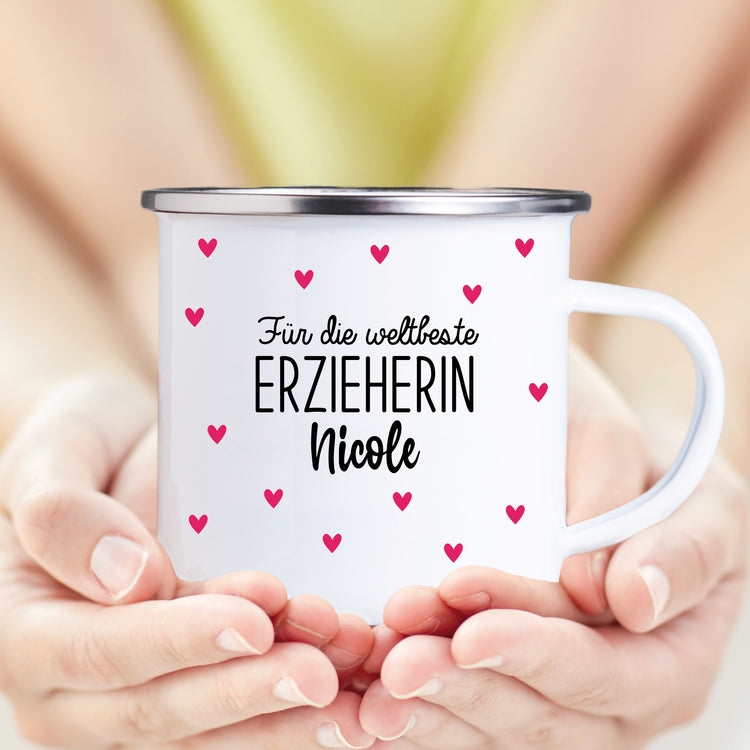 Emailletasse Weltbeste Erzieherin mit Name