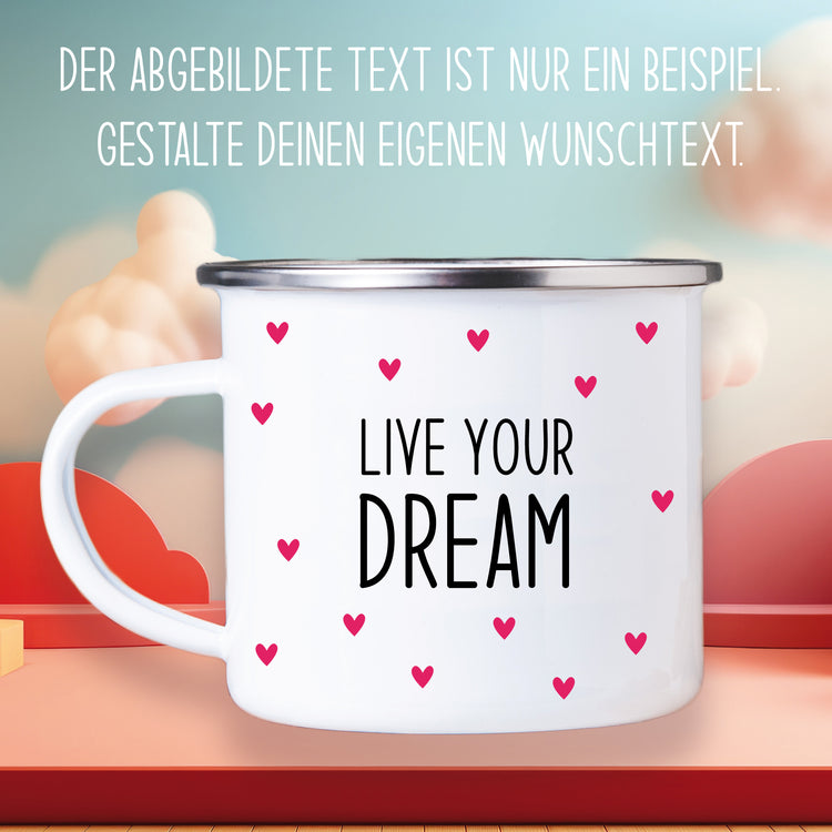 Emailletasse Herzen mit Wunschtext