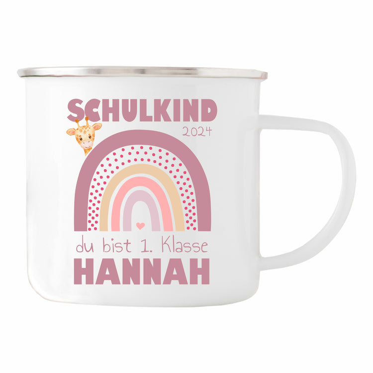 Emailletasse Schulkind Design Regenbogen - personalisiert