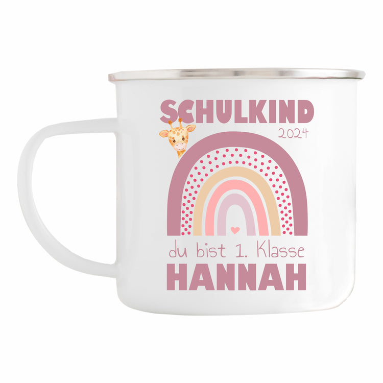 Emailletasse Schulkind Design Regenbogen - personalisiert