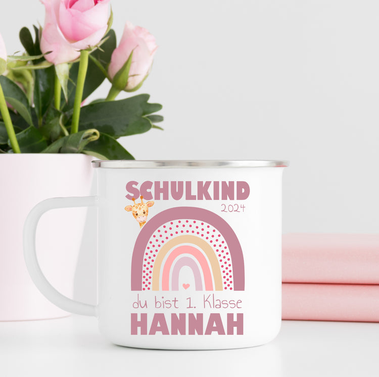 Emailletasse Schulkind Design Regenbogen - personalisiert