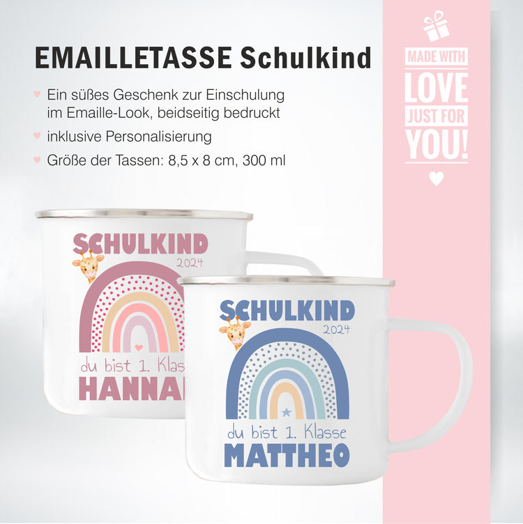 Emailletasse Schulkind Design Regenbogen - personalisiert