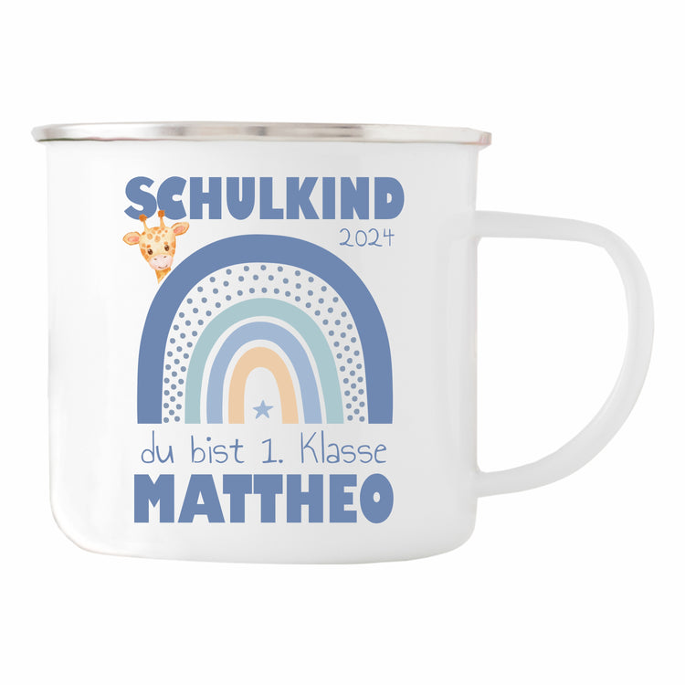 Emailletasse Schulkind Design Regenbogen - personalisiert