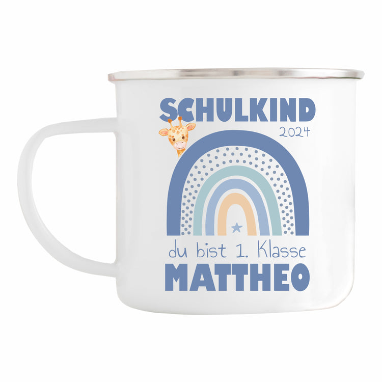 Emailletasse Schulkind Design Regenbogen - personalisiert