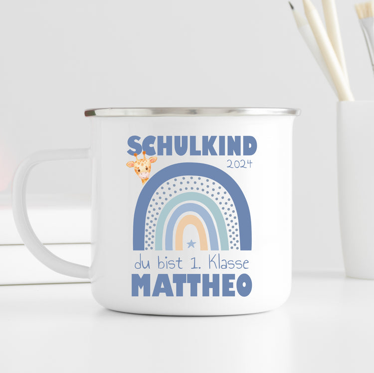 Emailletasse Schulkind Design Regenbogen - personalisiert