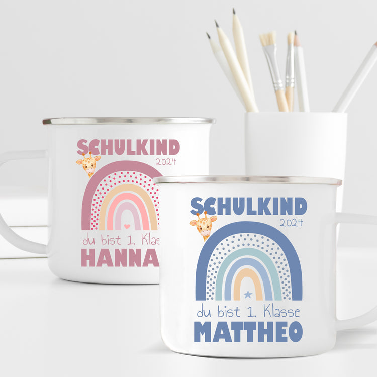 Emailletasse Schulkind Design Regenbogen - personalisiert