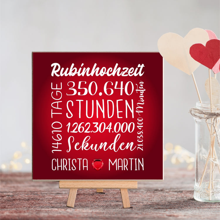 Personalisiertes Holzbild Rubinhochzeit