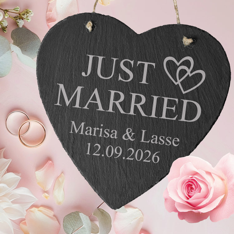 Schieferherz - Just Married mit Wunschnamen & Datum