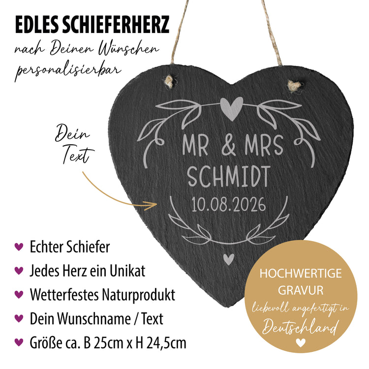 Schieferherz - Mr & Mrs mit Personalisierung