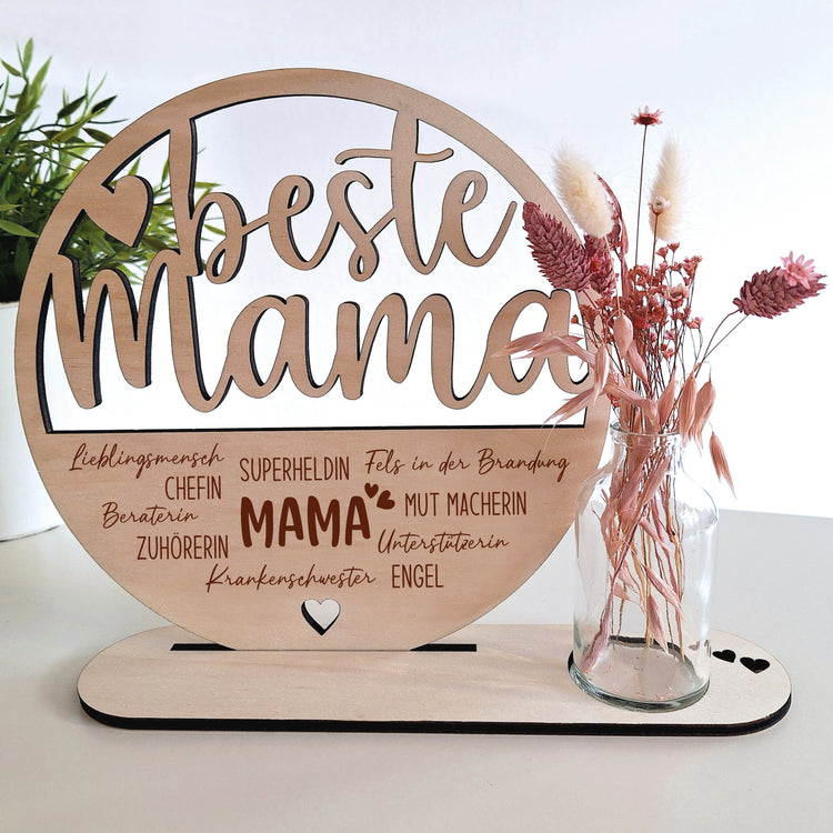 Holzaufsteller beste Mama - Superheldin mit Trockenblumen & Vase