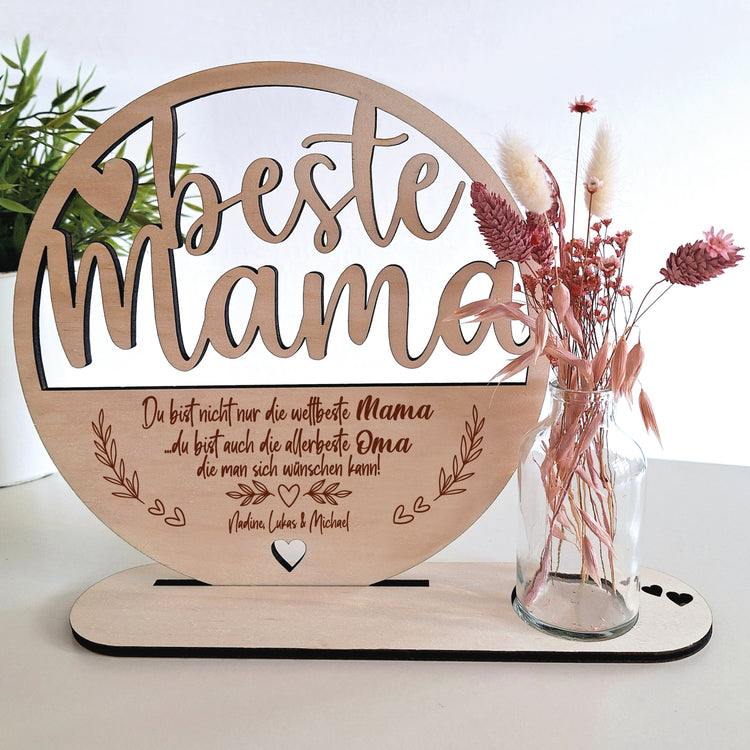 Holzaufsteller beste Mama & Oma mit Trockenblumen & Vase - personalisierbar