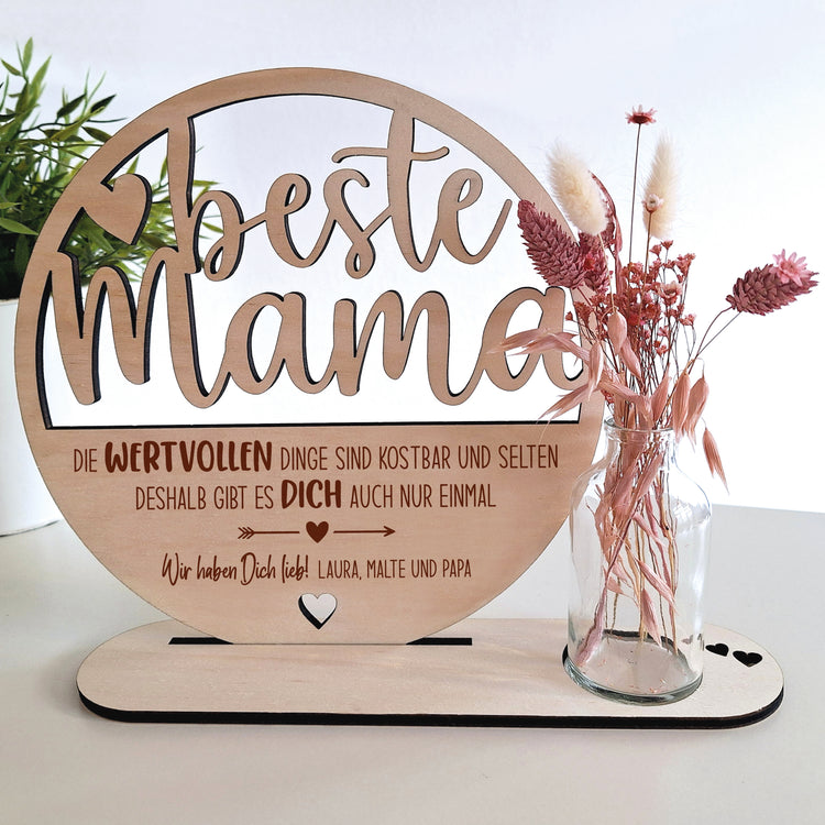 Holzaufsteller beste Mama - wertvoll mit Trockenblumen & Vase