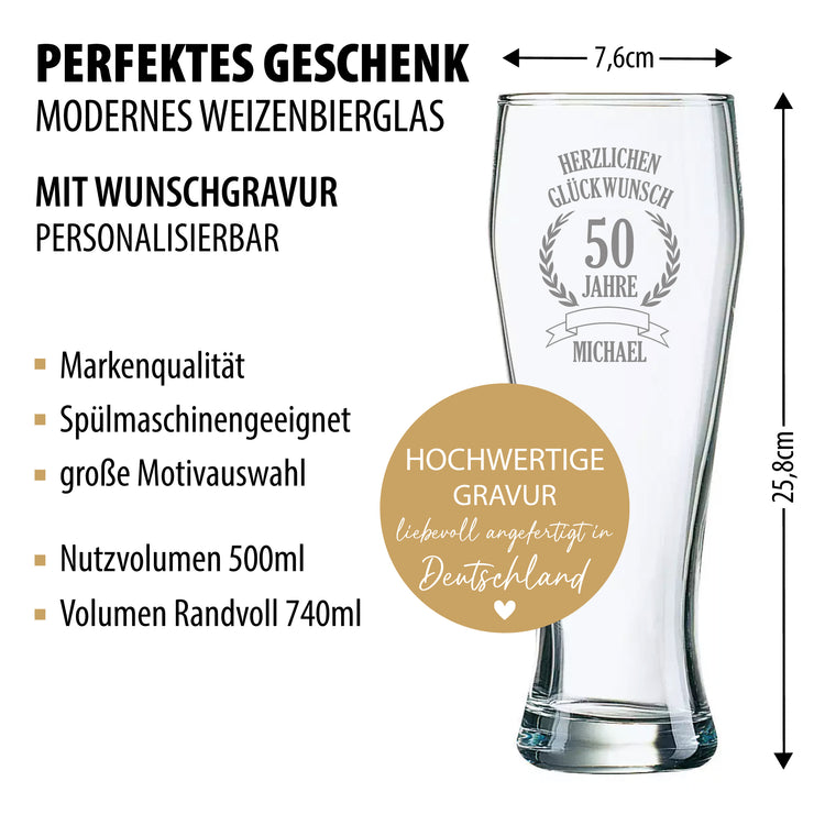 Weizenbierglas zum Geburtstag, mit Zahl im Kranz  + Name