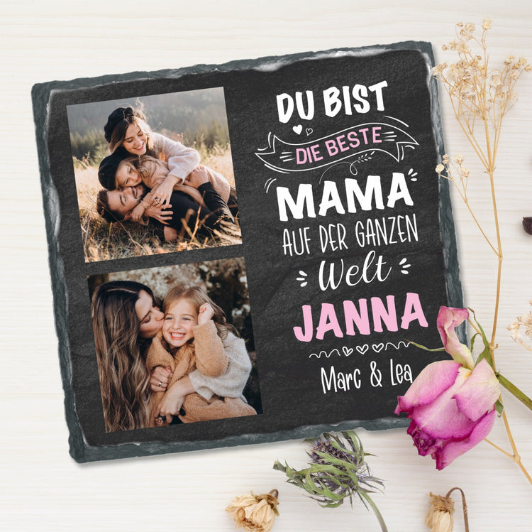 Schiefertafel mit 2 Fotos & Text Du bist die beste Mama auf der ganzen Welt – personalisierbar