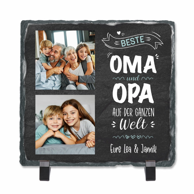 Schiefertafel mit 2 Fotos & Text Beste Oma & Opa auf der ganzen Welt - personalisierbar