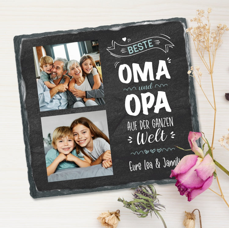 Schiefertafel mit 2 Fotos & Text Beste Oma & Opa auf der ganzen Welt - personalisierbar