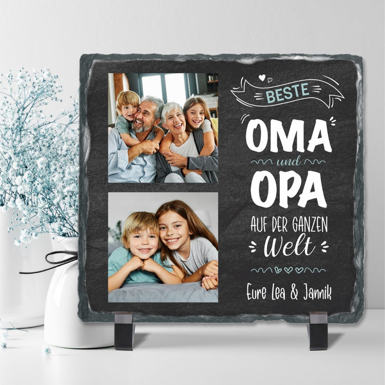 Schiefertafel mit 2 Fotos & Text Beste Oma & Opa auf der ganzen Welt - personalisierbar
