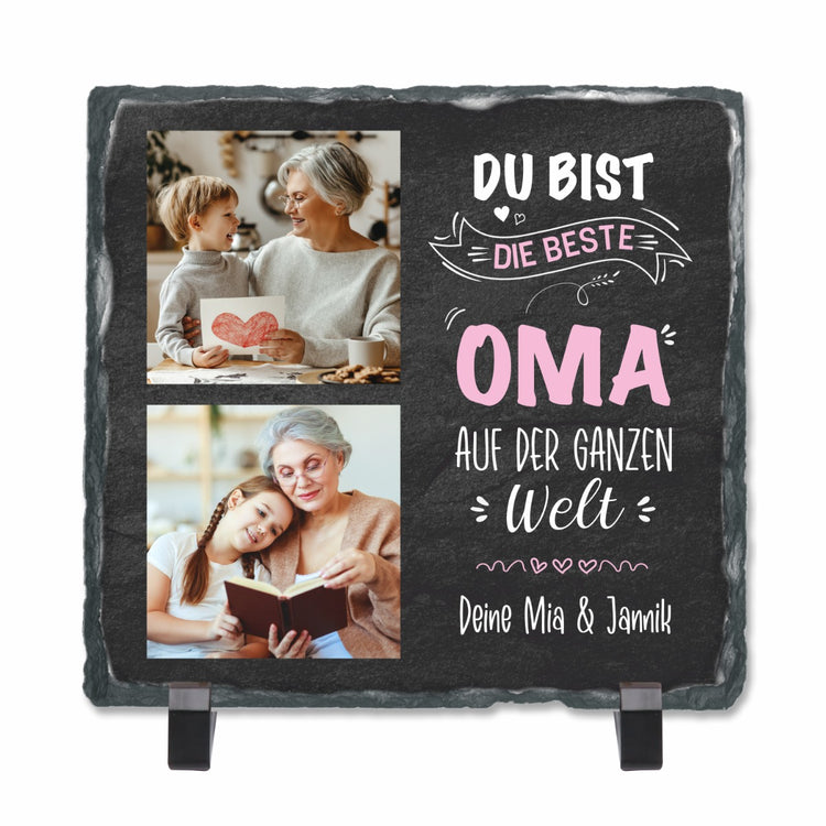 Schiefertafel mit 2 Fotos & Text Du bist die beste Oma auf der ganzen Welt - personalisierbar