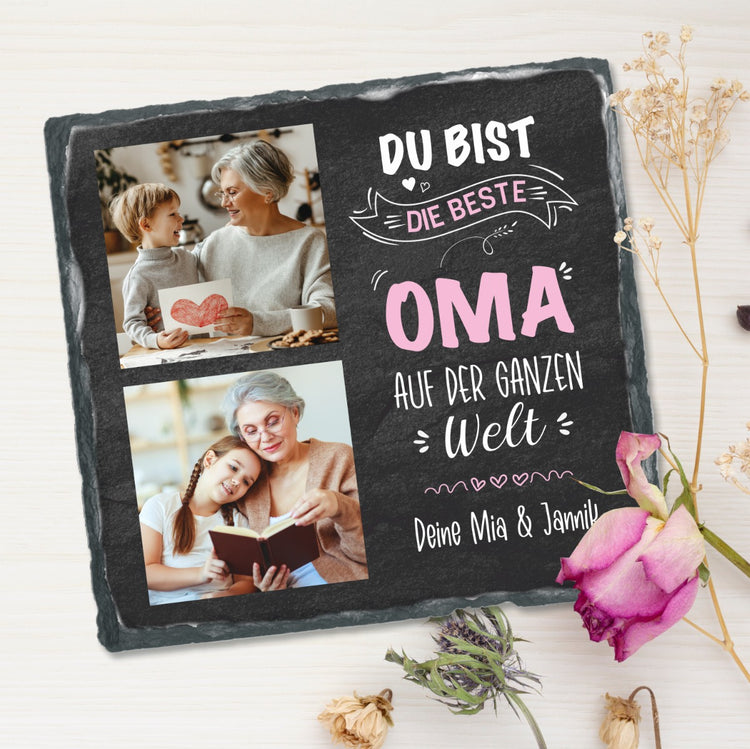 Schiefertafel mit 2 Fotos & Text Du bist die beste Oma auf der ganzen Welt - personalisierbar