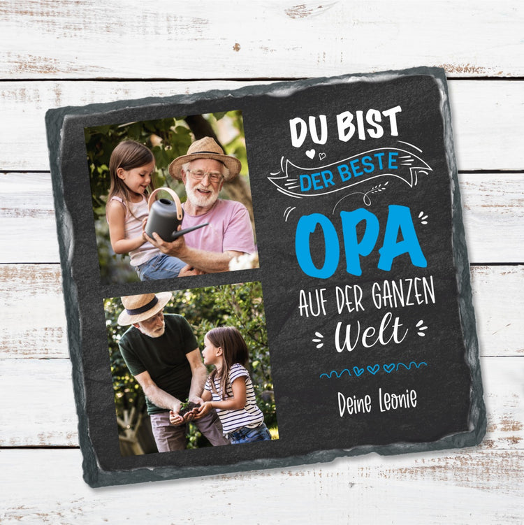 Schiefertafel mit 2 Fotos & Text Du bist der beste Opa auf der ganzen Welt - personalisierbar