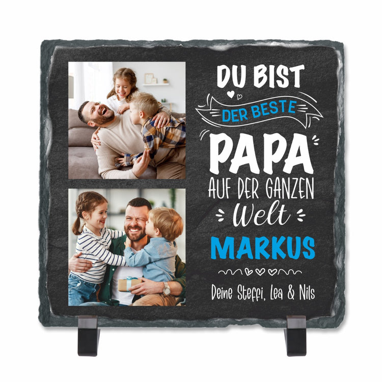 Schiefertafel mit 2 Fotos & Text Du bist der beste Papa auf der ganzen Welt - personalisierbar