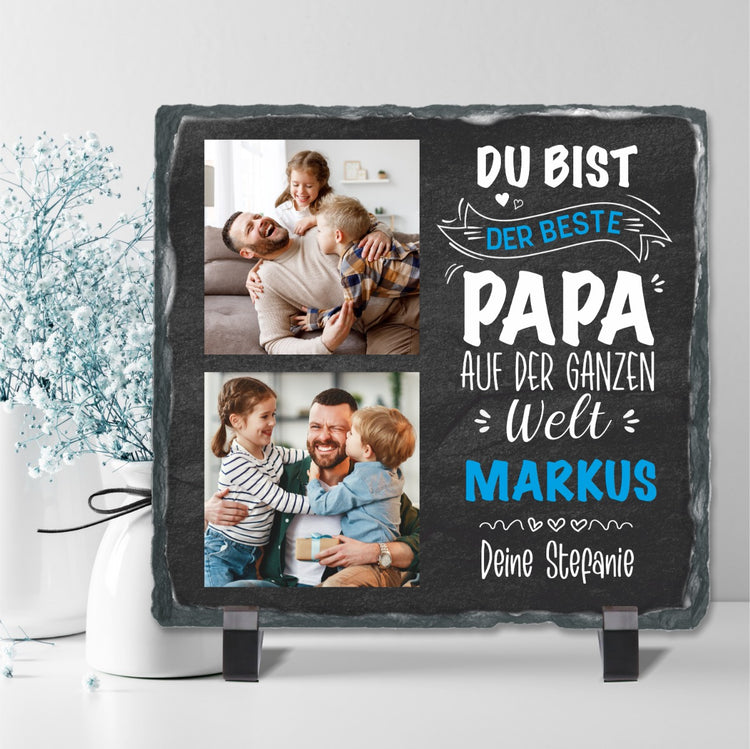 Schiefertafel mit 2 Fotos & Text Du bist der beste Papa auf der ganzen Welt - personalisierbar