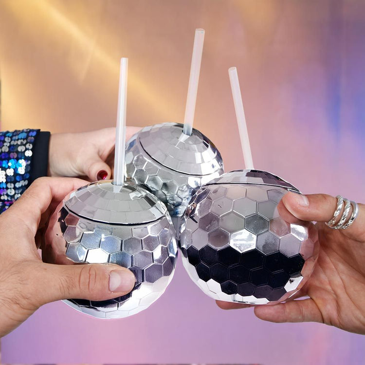 Disco Ball Cups - Becher mit Trinkhalm - Partybecher