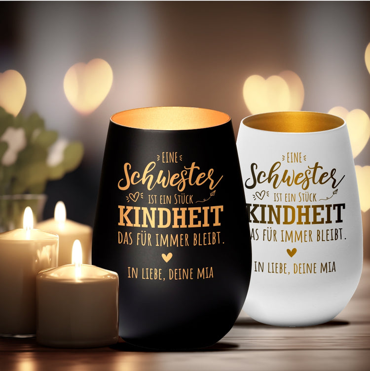 Windlicht Eine Schwester ist ein Stück Kindheit das für immer bleibt personalisiert