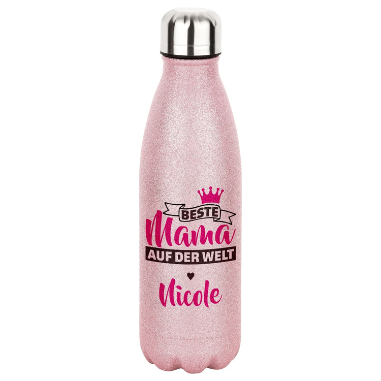 rosa Glitzerflasche Beste Mama auf der Welt - personalisiert mit Namen