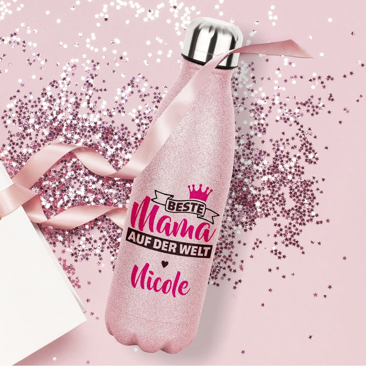 rosa Glitzerflasche Beste Mama auf der Welt - personalisiert mit Namen