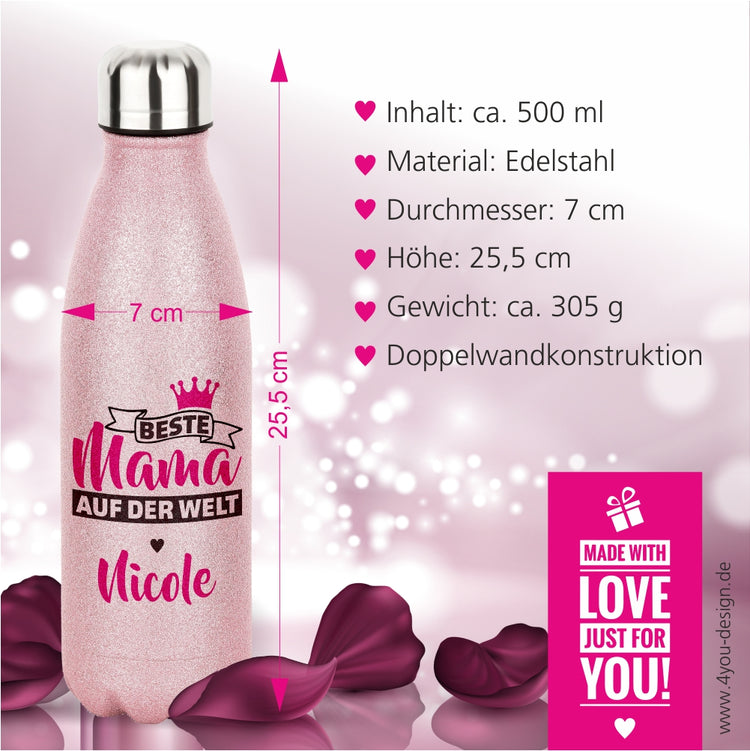 rosa Glitzerflasche Beste Mama auf der Welt - personalisiert mit Namen