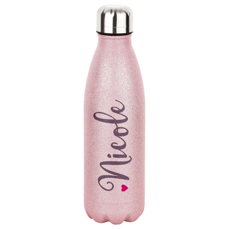 rosa Glitzerflasche mit Herz-Motiv, personalisiert mit Namen