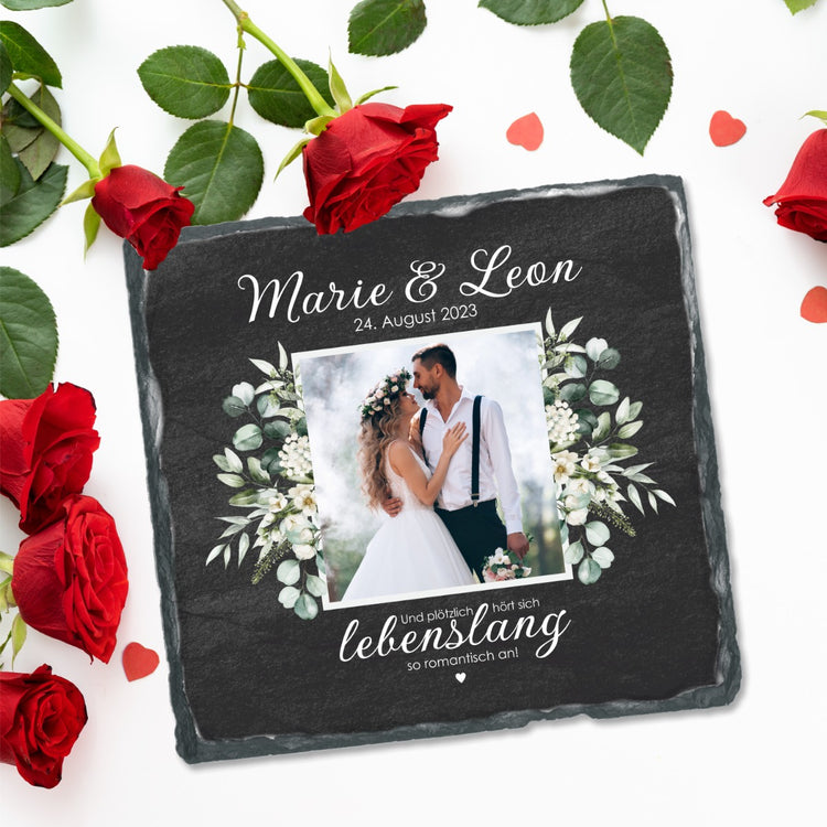 Schiefertafel mit Fotodruck zur Hochzeit und plötzlich hört sich lebenslang so romantisch an