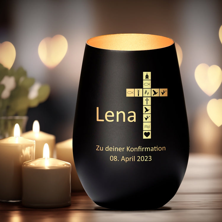 Windlicht Konfirmation Motiv Kreuz personalisiert