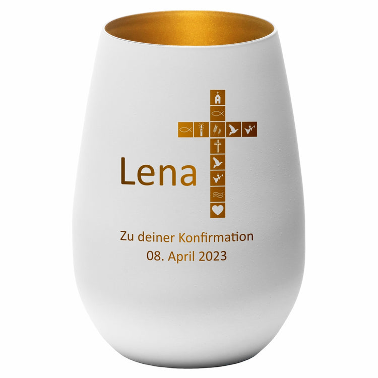 Windlicht Konfirmation Motiv Kreuz personalisiert