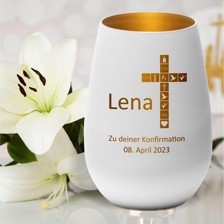 Windlicht Konfirmation Motiv Kreuz personalisiert