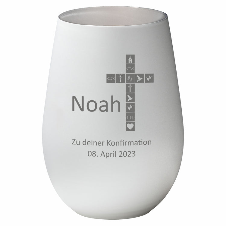 Windlicht Konfirmation Motiv Kreuz personalisiert