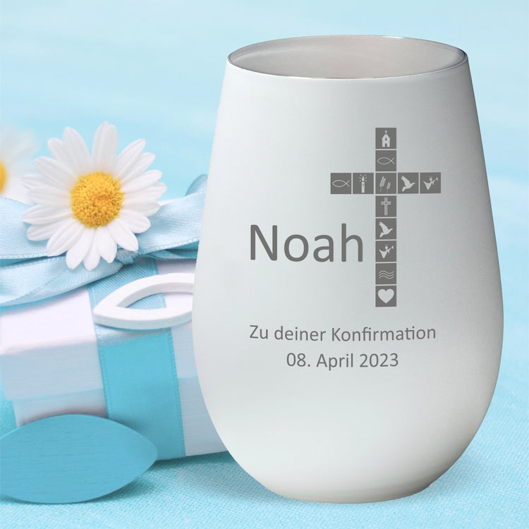 Windlicht Konfirmation Motiv Kreuz personalisiert