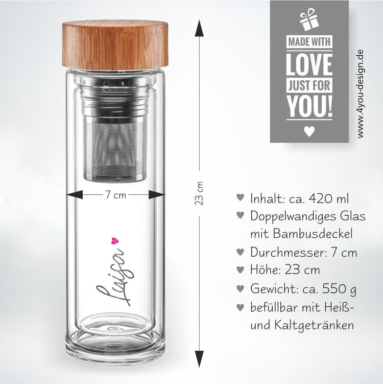 Thermos-Glasflasche mit Namen & Herz - Design Heart