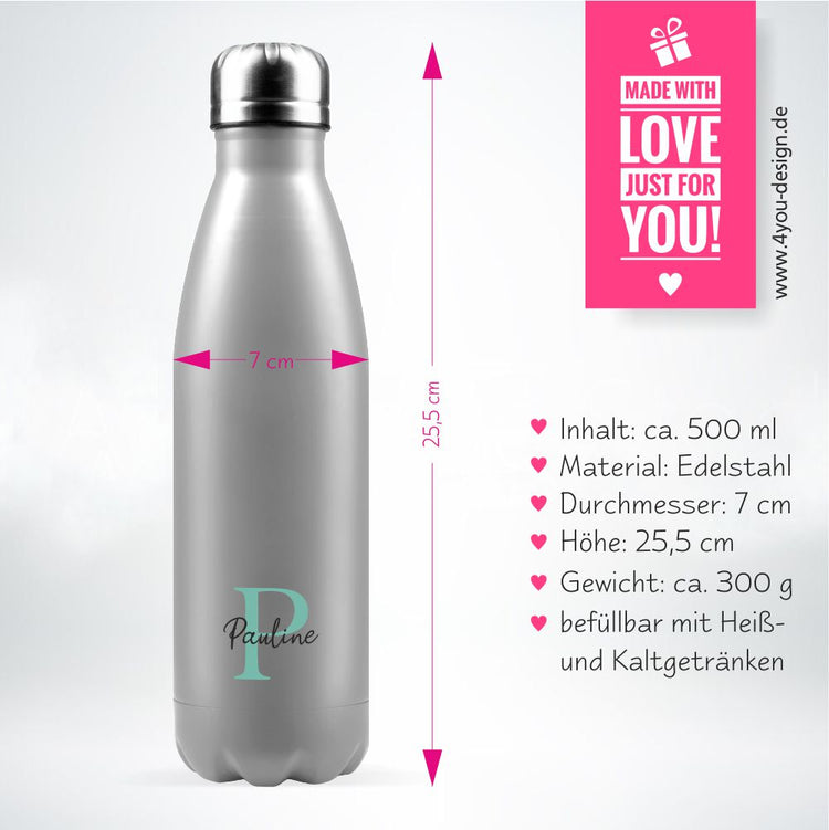 Trinkflasche Edelstahl mit Namen und Initiale - Design Heart