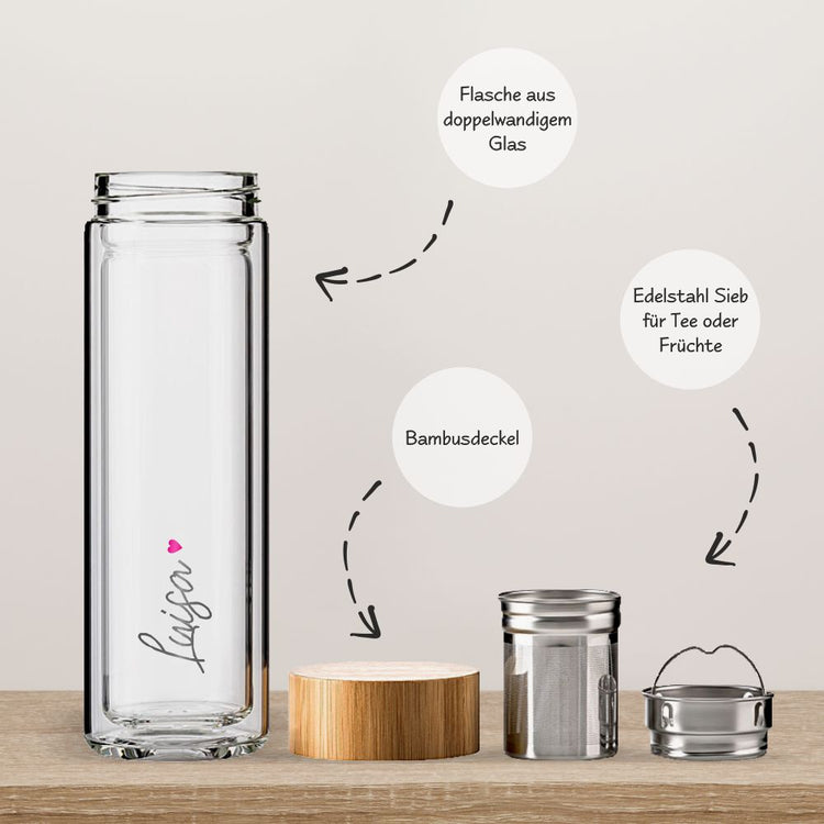 Thermos-Glasflasche mit Namen & Herz - Design Heart