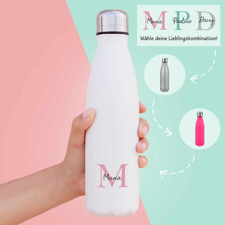 Trinkflasche Edelstahl mit Namen und Initiale - Design Heart