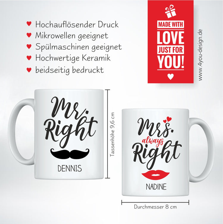 Tassen Mr. Right & Mrs. always Right - personalisiert